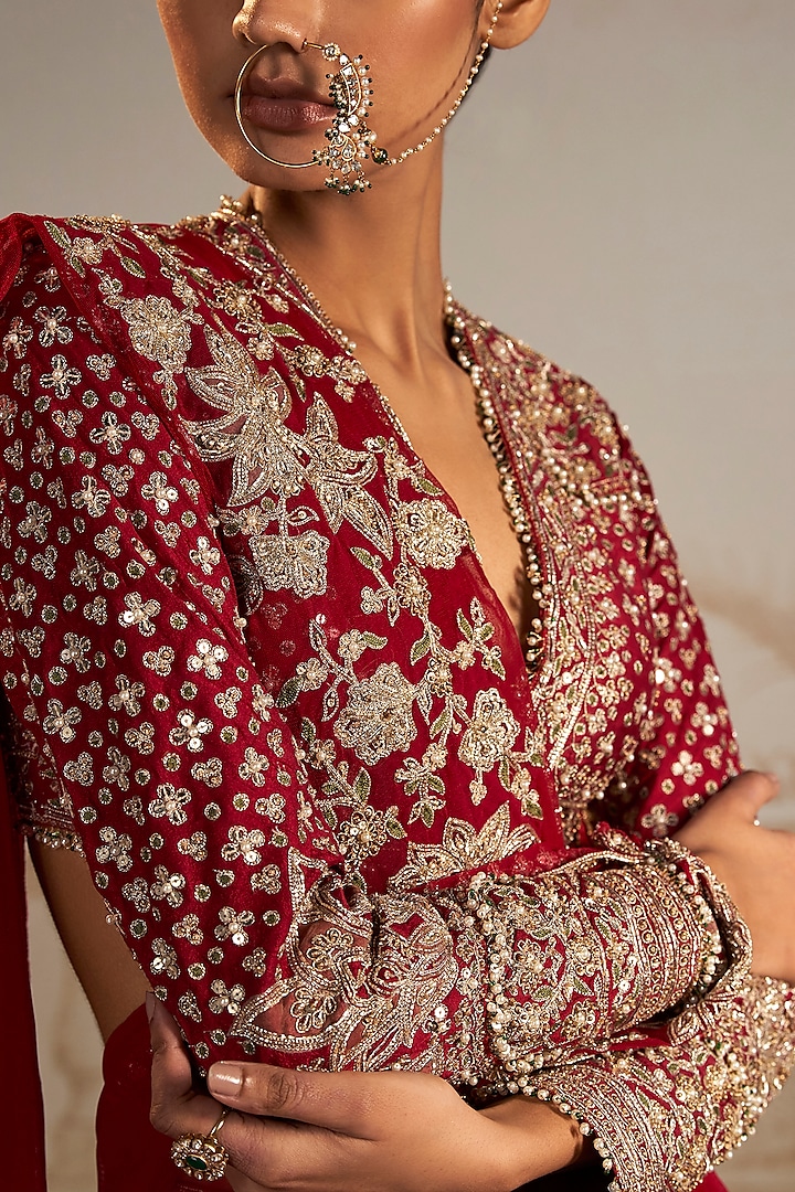 Red Raw Silk Embroidered Skirt Bridal Saree Set by Ridhi Mehra at Pernia's Pop Up Shop