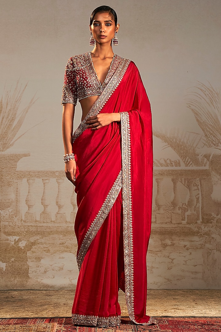 Red Silk Geometric Pattern Saree Set by Ridhi Mehra