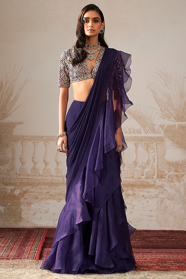 Purple Chiffon & Organza Pre-Draped Ruffled Saree Set by Ridhi Mehra