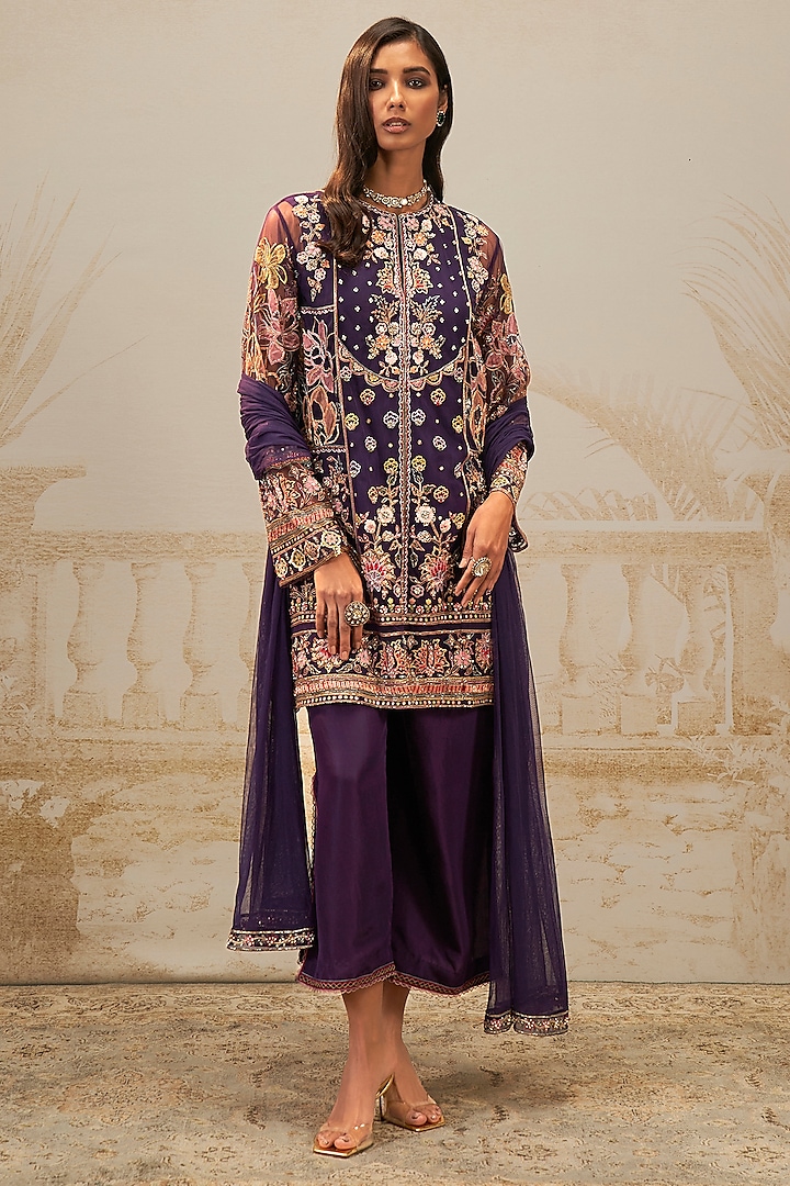 Purple Net Floral Embroidered Kurta Set by Ridhi Mehra