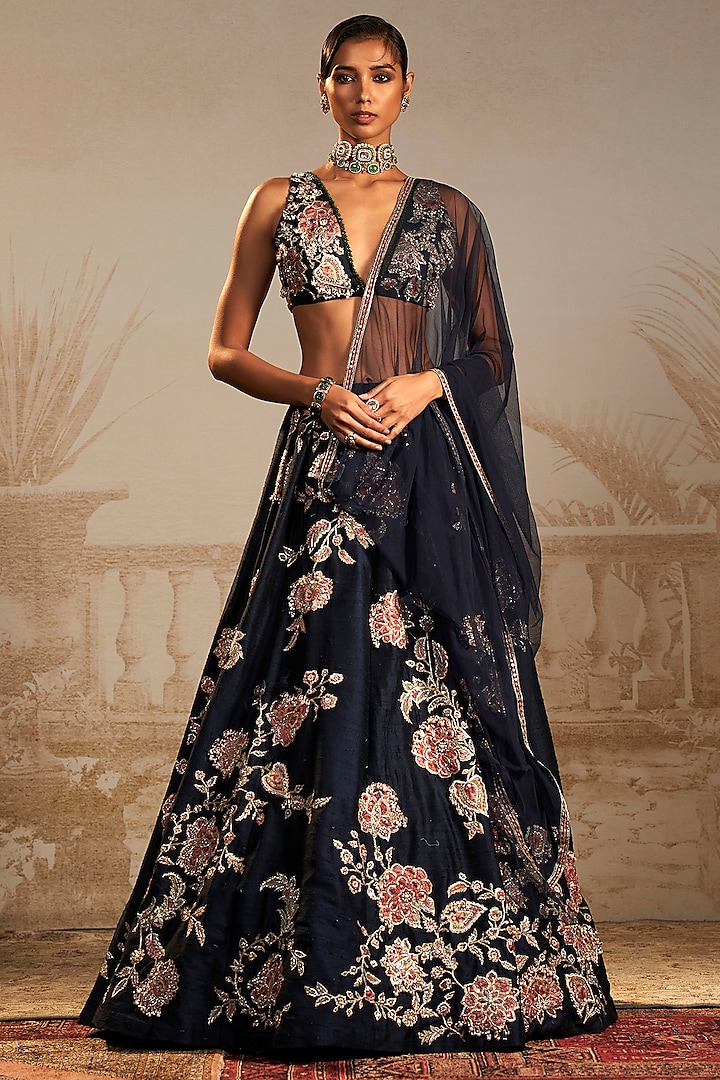 Navy Raw Silk Floral Embroidered Lehenga Set by Ridhi Mehra