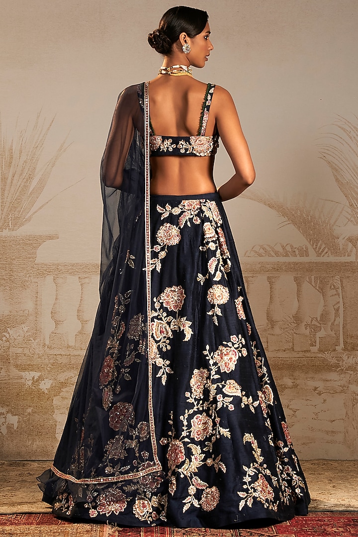 Navy Raw Silk Floral Embroidered Bridal Lehenga Set by Ridhi Mehra at Pernia's Pop Up Shop