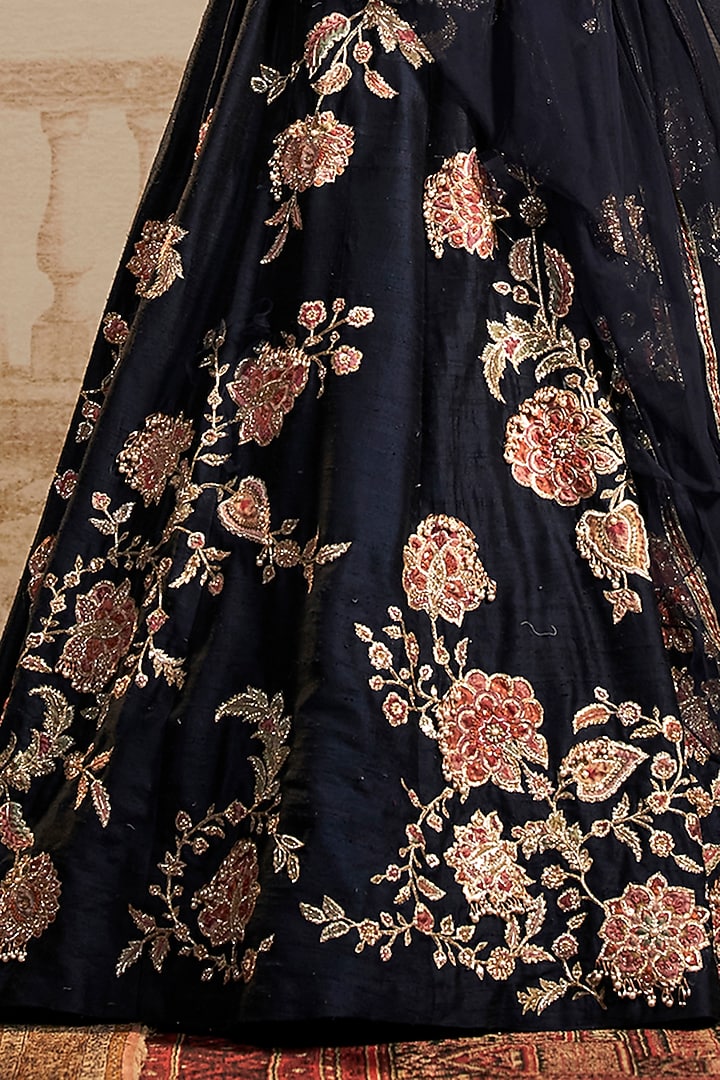 Navy Raw Silk Floral Embroidered Bridal Lehenga Set by Ridhi Mehra at Pernia's Pop Up Shop