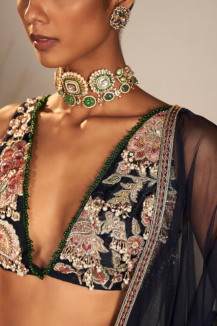 Navy Raw Silk Floral Embroidered Bridal Lehenga Set by Ridhi Mehra at Pernia's Pop Up Shop