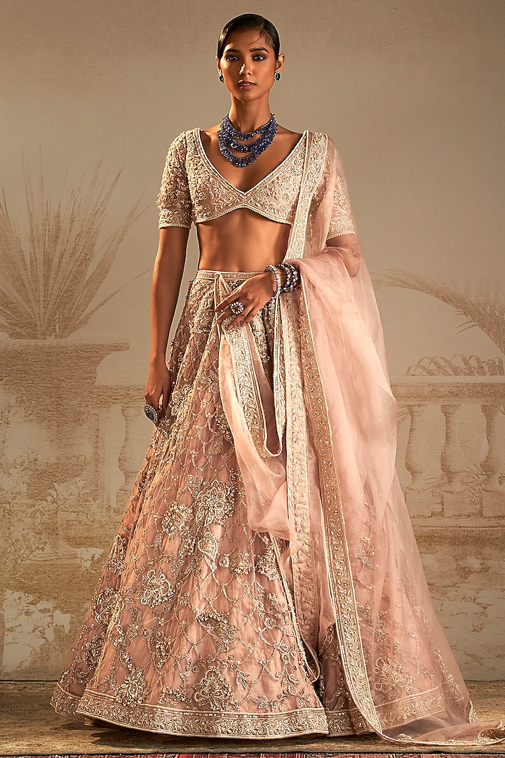 Dusky Pink Net Applique Embroidered Lehenga Set by Ridhi Mehra