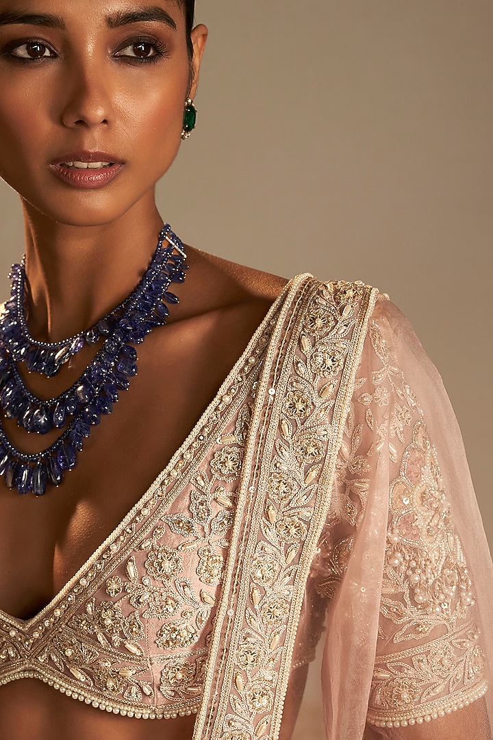 Dusky Pink Net Applique Embroidered Bridal Lehenga Set by Ridhi Mehra at Pernia's Pop Up Shop