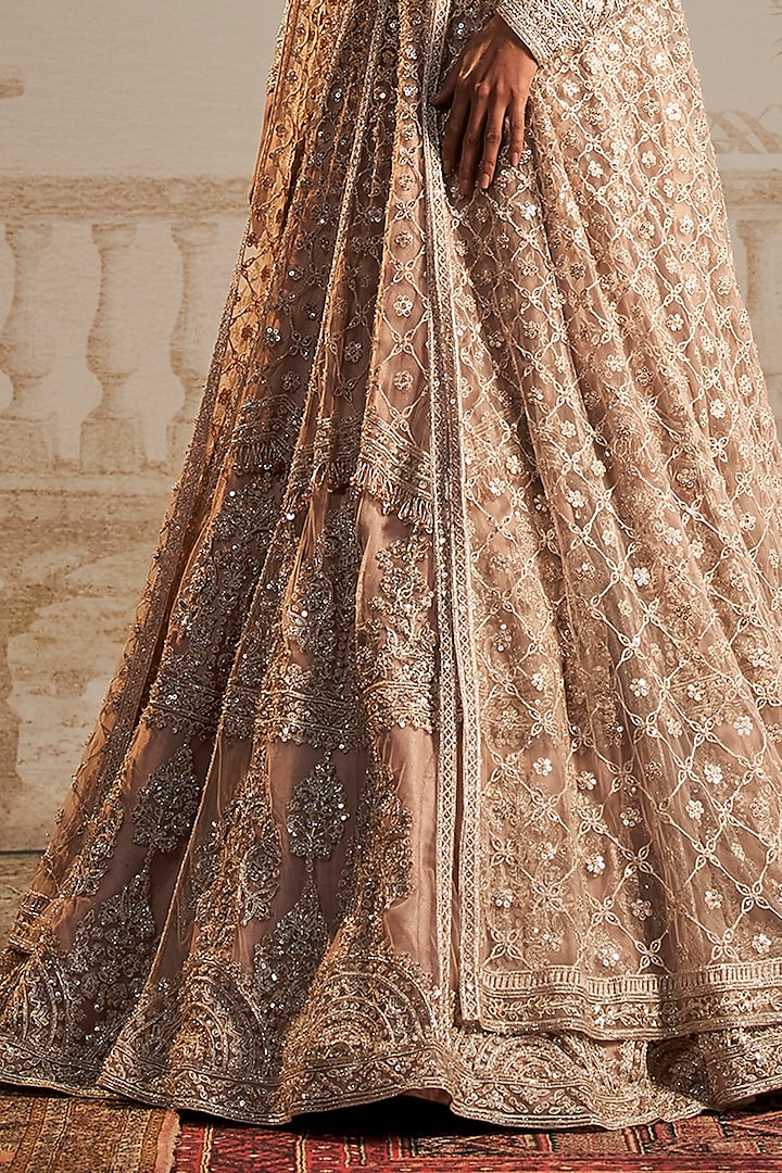 Champagne Net Floral Motifs Embroidered Jacket Bridal Lehenga Set by Ridhi Mehra at Pernia's Pop Up Shop