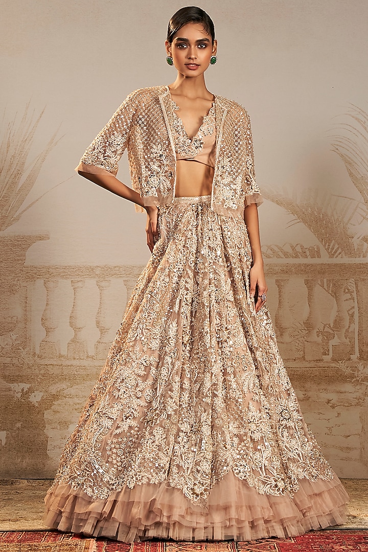Champagne Net Floral Embroidered Jacket Lehenga Set by Ridhi Mehra