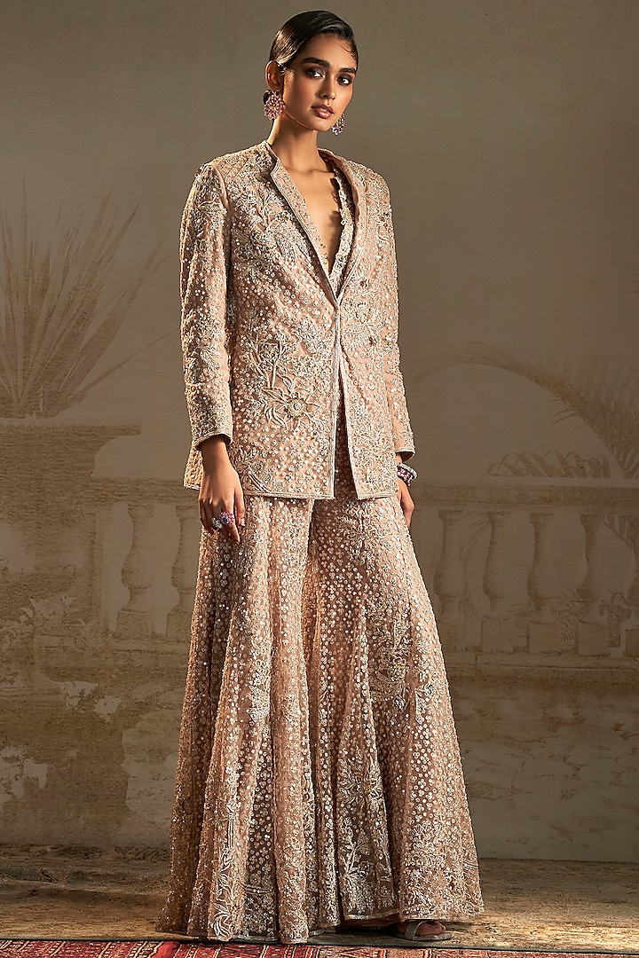 Champagne Net Floral Embroidered Blazer Set by Ridhi Mehra