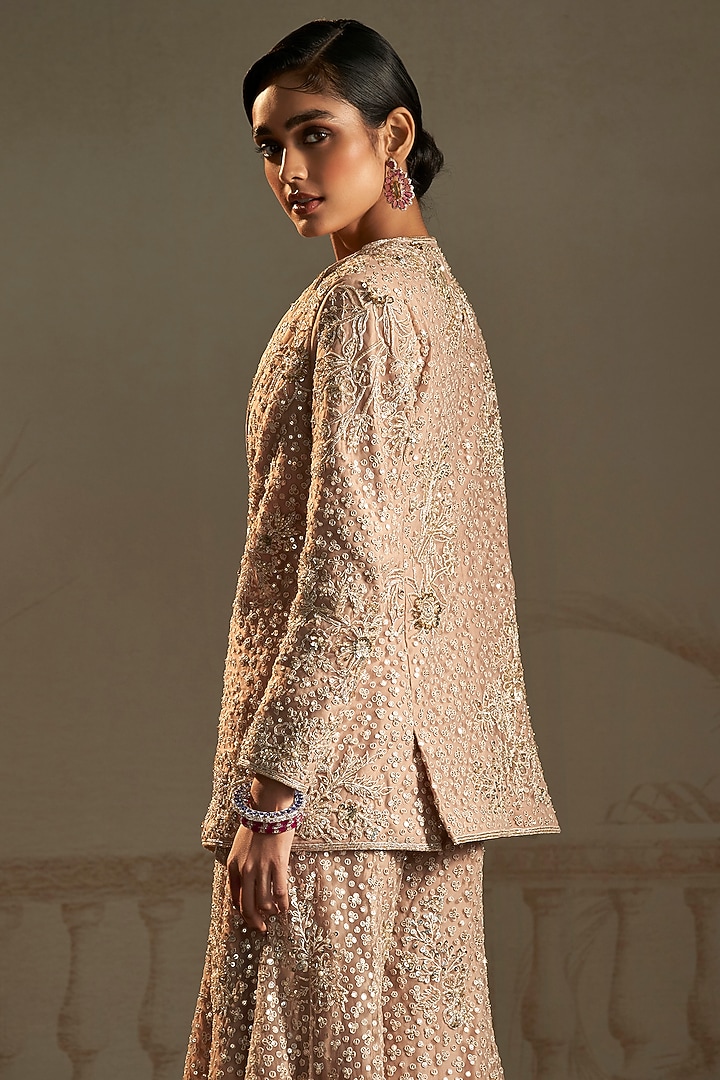 Champagne Net Floral Embroidered Blazer Set by Ridhi Mehra at Pernia's Pop Up Shop