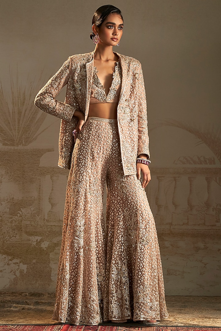 Champagne Net Floral Embroidered Blazer Set by Ridhi Mehra at Pernia's Pop Up Shop