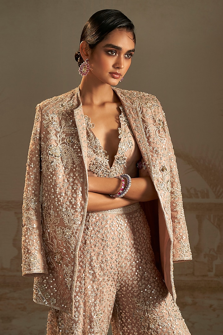 Champagne Net Floral Embroidered Blazer Set by Ridhi Mehra at Pernia's Pop Up Shop