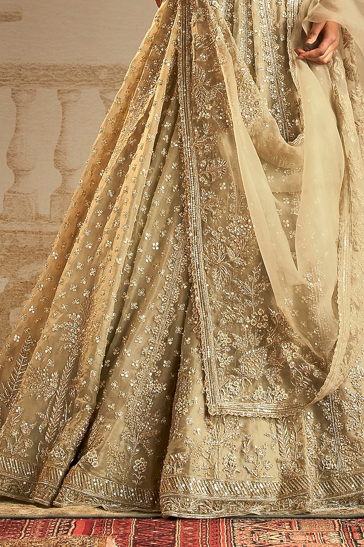 Silver Green Organza Tree Motif Work Bridal Lehenga Set by Ridhi Mehra at Pernia's Pop Up Shop