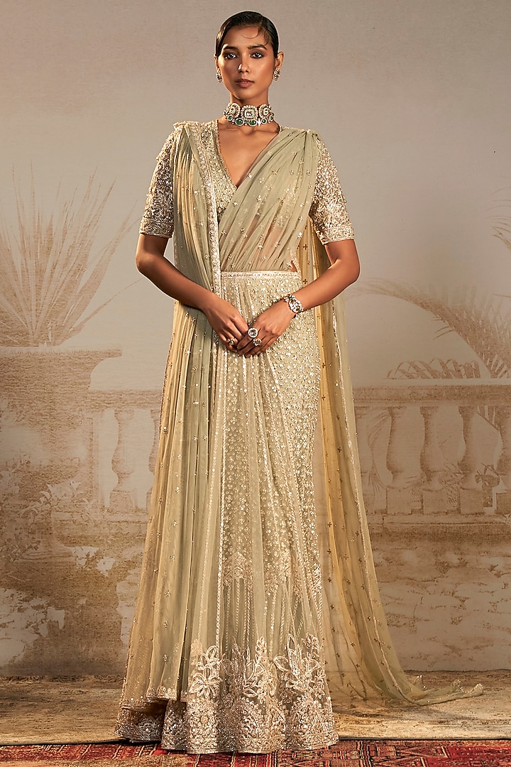 Silver Green Net Motifs Embroidered Pre-Draped Skirt Saree Set by Ridhi Mehra