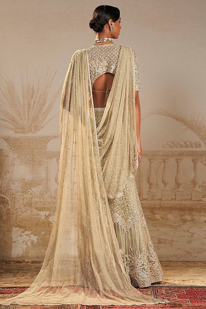 Silver Green Net Motifs Embroidered Pre-Draped Skirt Bridal Saree Set by Ridhi Mehra at Pernia's Pop Up Shop