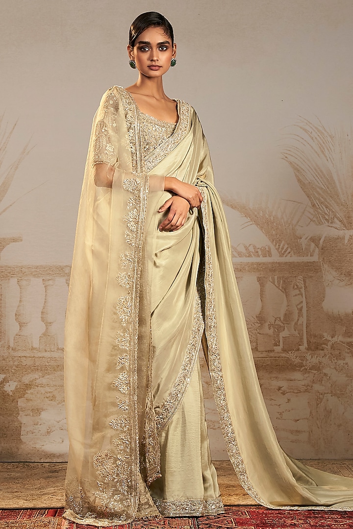 Silver Green Silk Embroidered Saree Set by Ridhi Mehra