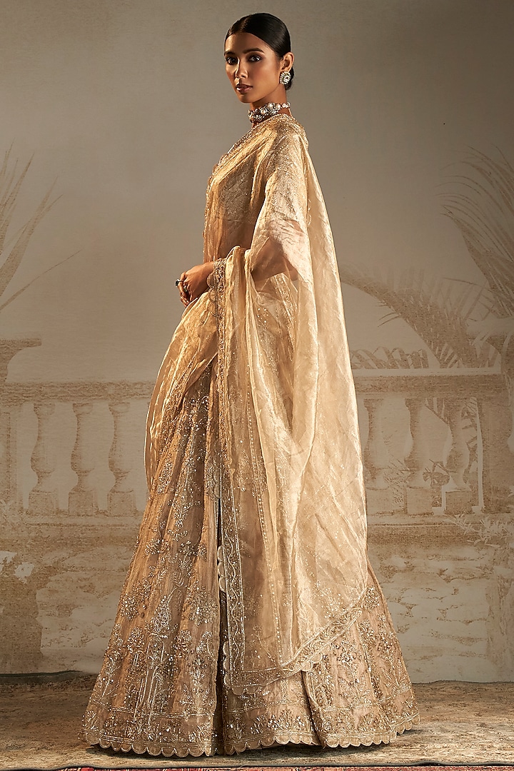 Gold Tissue Hand Embroidered Bridal Lehenga Set by Ridhi Mehra at Pernia's Pop Up Shop