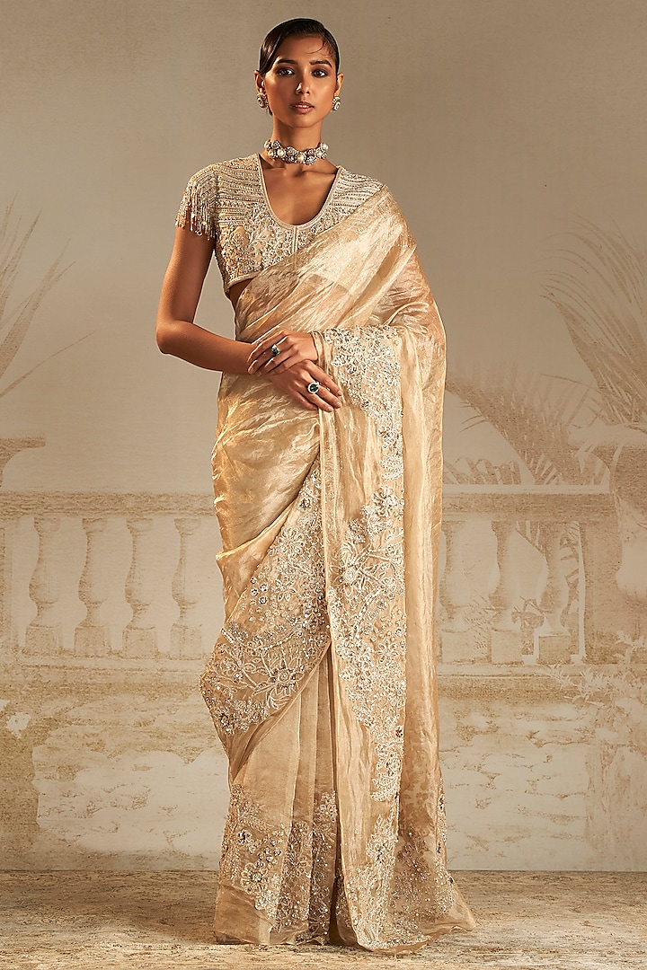 Gold Tissue Thread Embroidered Saree Set by Ridhi Mehra