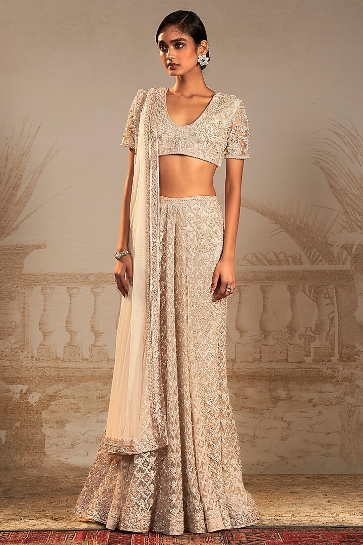 Ivory Net Embroidered Skirt Saree Set by Ridhi Mehra