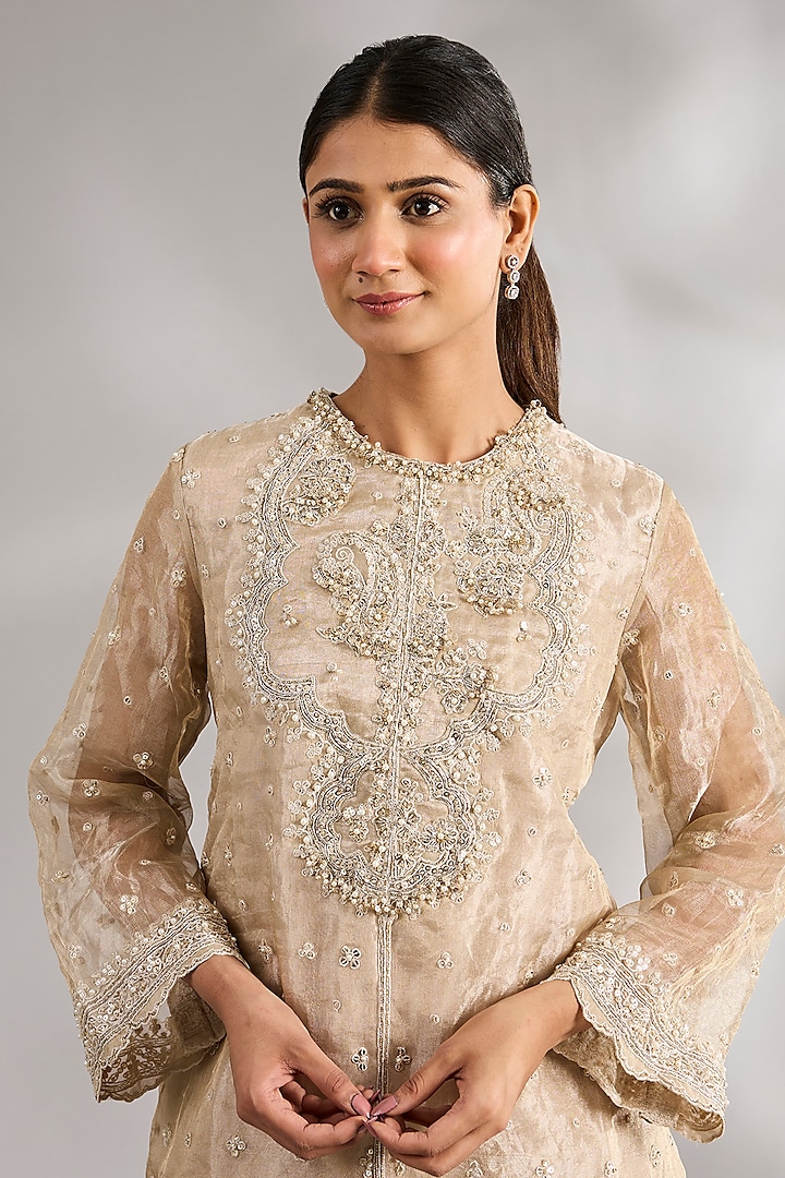 Water Gold Organza & Tissue Embroidered Kurta Set by Ridhi Mehra at Pernia's Pop Up Shop