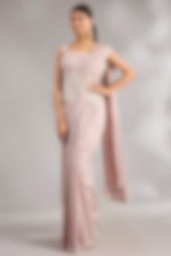 Dusky Pink Georgette Embroidered Wedding Saree Set by Ridhi Mehra at Pernia's Pop Up Shop