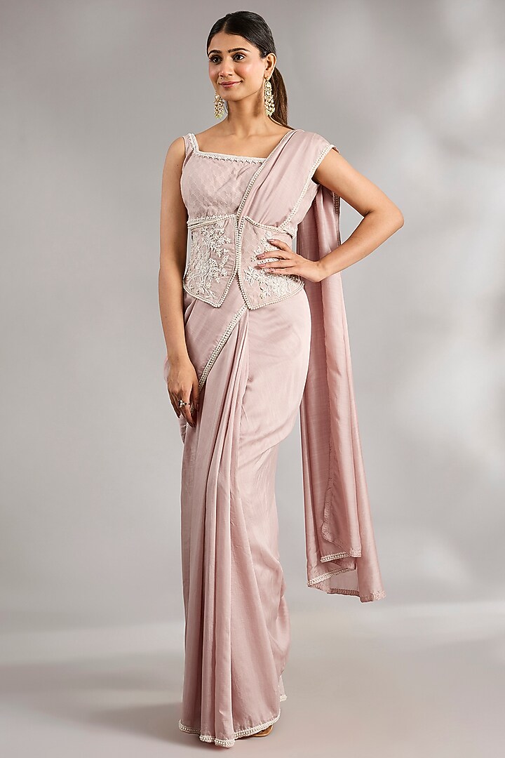 Dusky Pink Georgette Embroidered Wedding Saree Set by Ridhi Mehra at Pernia's Pop Up Shop