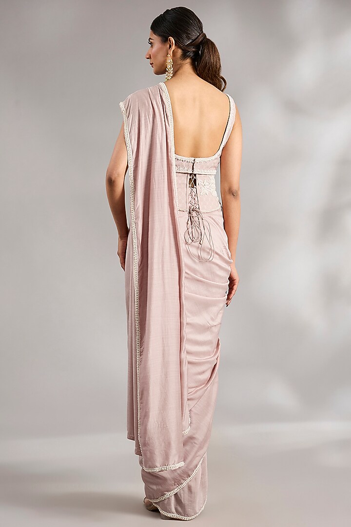 Dusky Pink Georgette Embroidered Wedding Saree Set by Ridhi Mehra at Pernia's Pop Up Shop