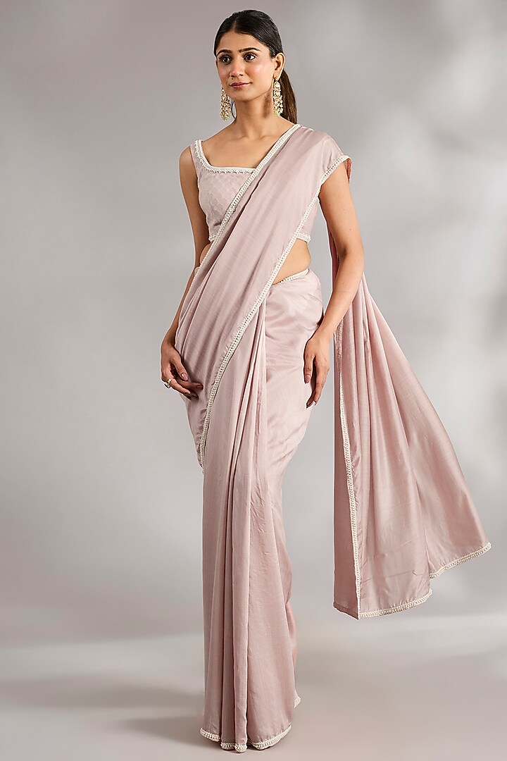 Dusky Pink Georgette Embroidered Wedding Saree Set by Ridhi Mehra at Pernia's Pop Up Shop