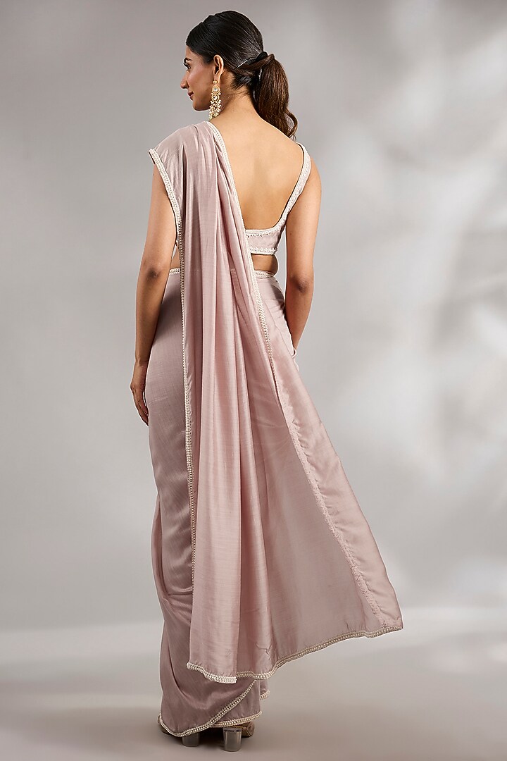Dusky Pink Georgette Embroidered Wedding Saree Set by Ridhi Mehra at Pernia's Pop Up Shop