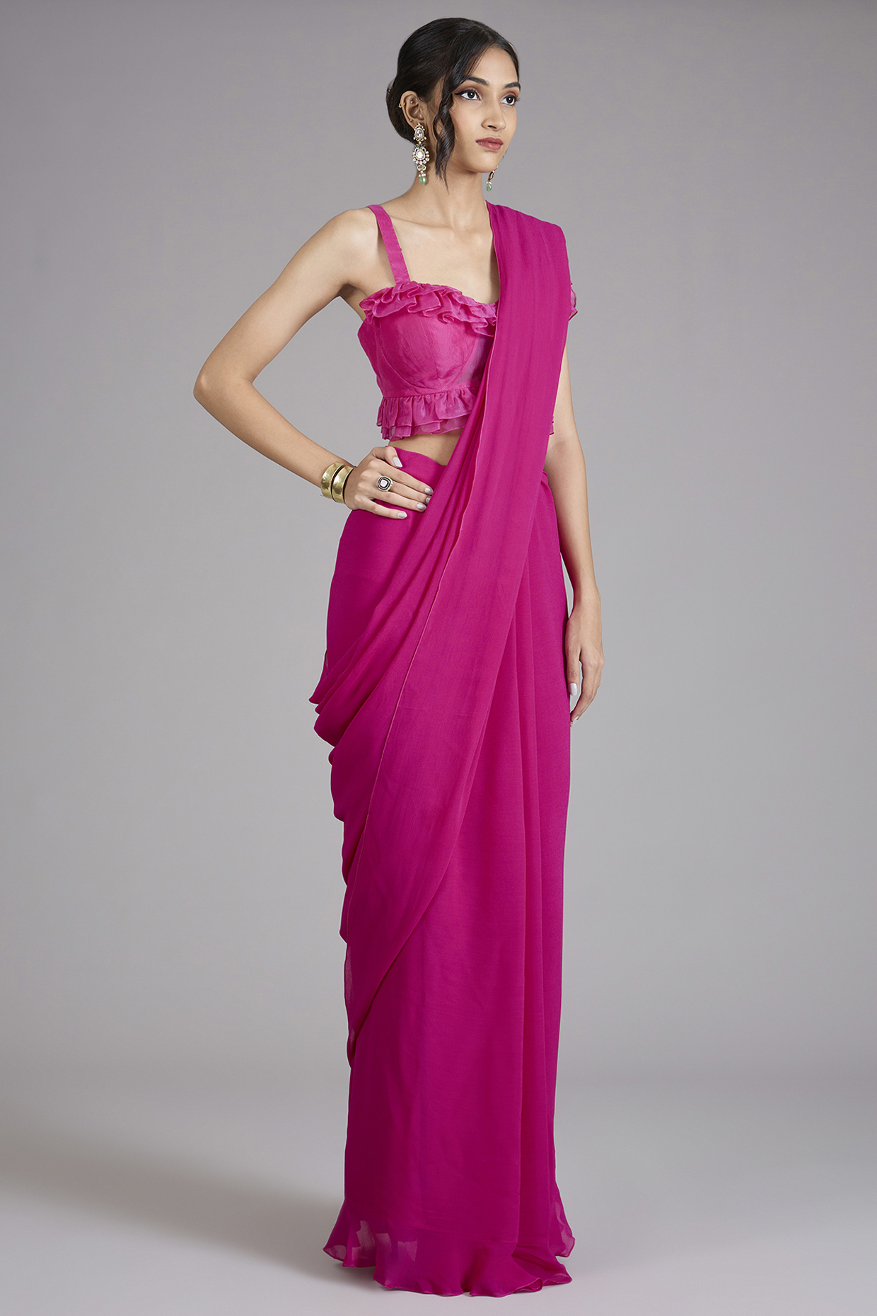 Bright Fuchsia Georgette Ruffled Wedding Saree Set by Ridhi Mehra at Pernia's Pop Up Shop