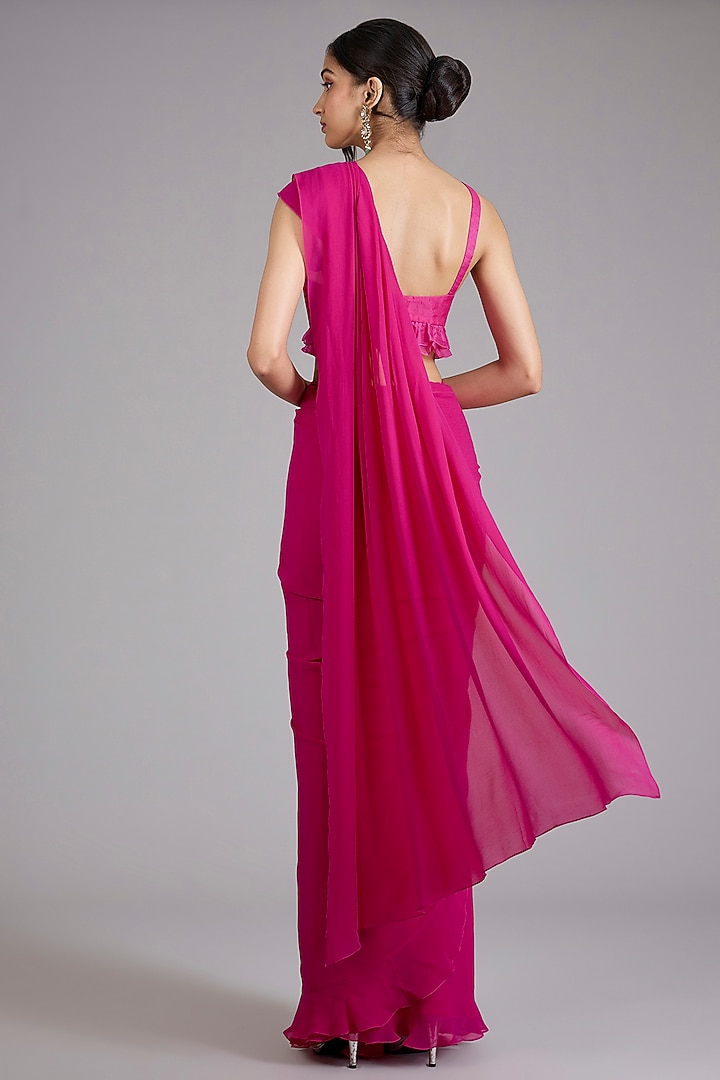 Bright Fuchsia Georgette Ruffled Wedding Saree Set by Ridhi Mehra at Pernia's Pop Up Shop
