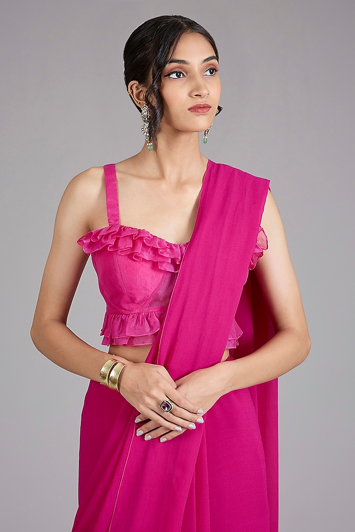 Bright Fuchsia Georgette Ruffled Wedding Saree Set by Ridhi Mehra at Pernia's Pop Up Shop