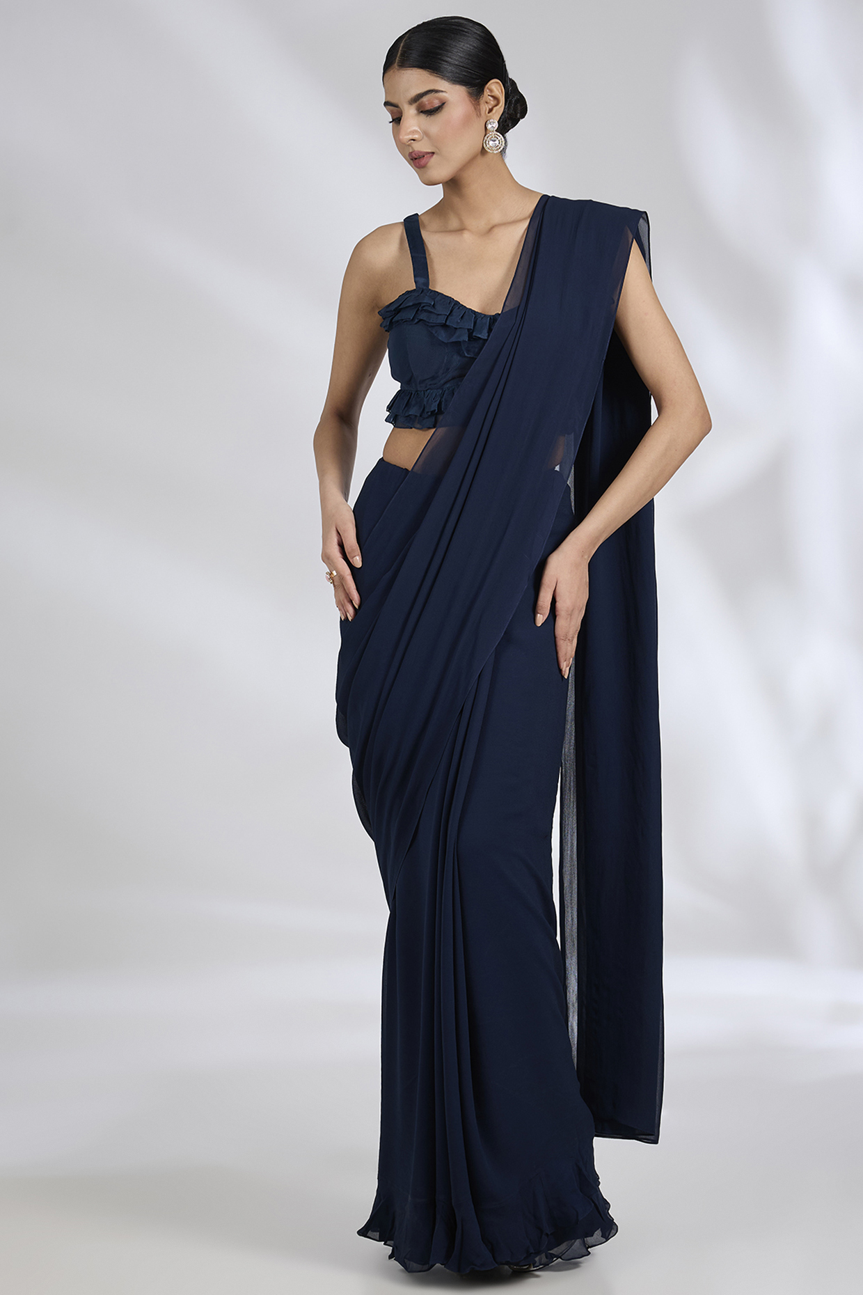Navy Georgette Ruffled Wedding Saree Set by Ridhi Mehra at Pernia's Pop Up Shop