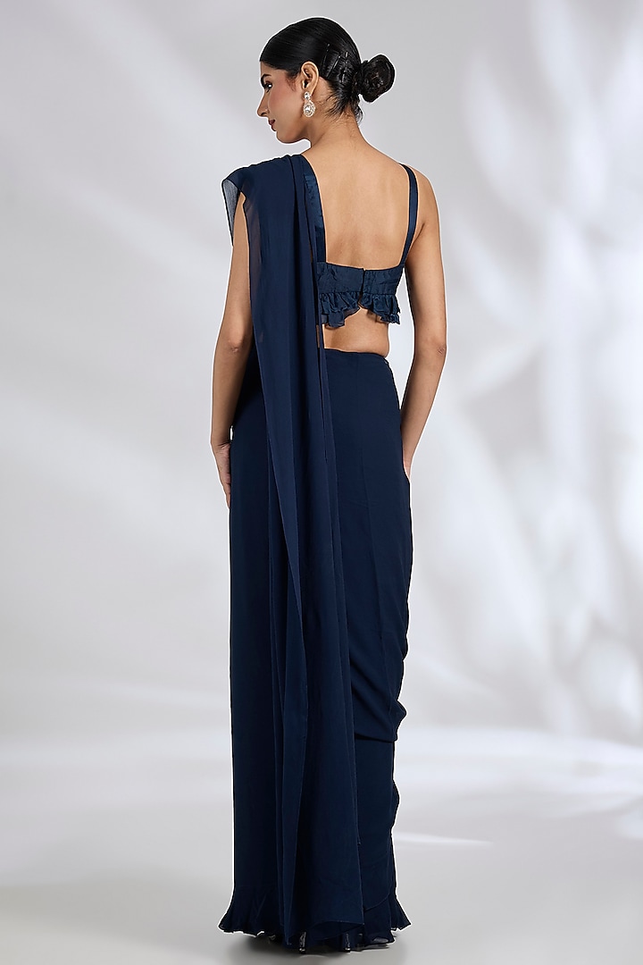 Navy Georgette Ruffled Wedding Saree Set by Ridhi Mehra at Pernia's Pop Up Shop