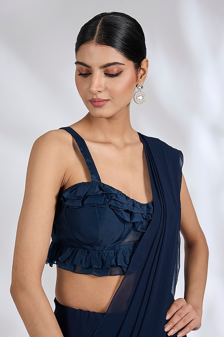 Navy Georgette Ruffled Wedding Saree Set by Ridhi Mehra at Pernia's Pop Up Shop