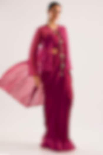 Red Georgette Ruffled Wedding Saree Set by Ridhi Mehra at Pernia's Pop Up Shop