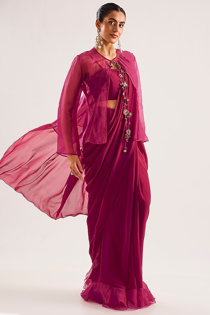 Red Georgette Ruffled Wedding Saree Set by Ridhi Mehra at Pernia's Pop Up Shop