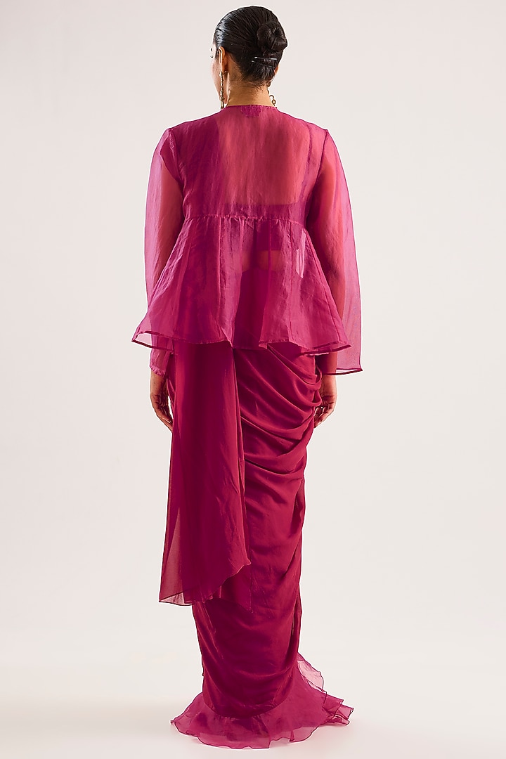 Red Georgette Ruffled Wedding Saree Set by Ridhi Mehra at Pernia's Pop Up Shop