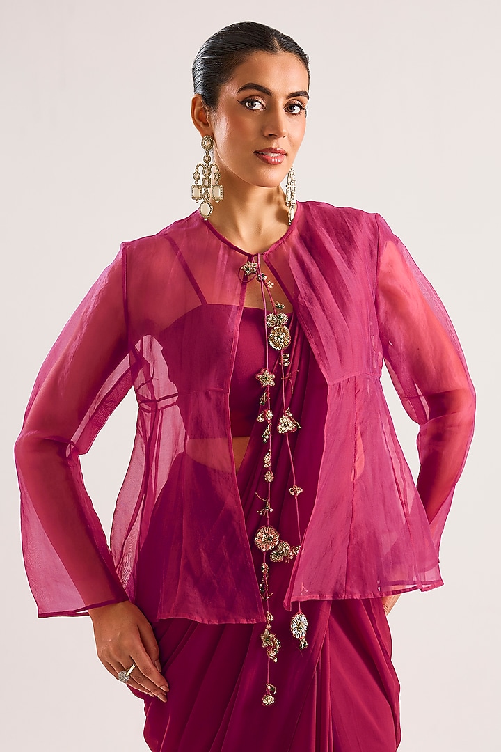 Red Georgette Ruffled Wedding Saree Set by Ridhi Mehra at Pernia's Pop Up Shop