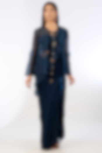 Navy Blue Georgette Floral Embroidered Jacket Ruffled Wedding Saree Set by Ridhi Mehra at Pernia's Pop Up Shop