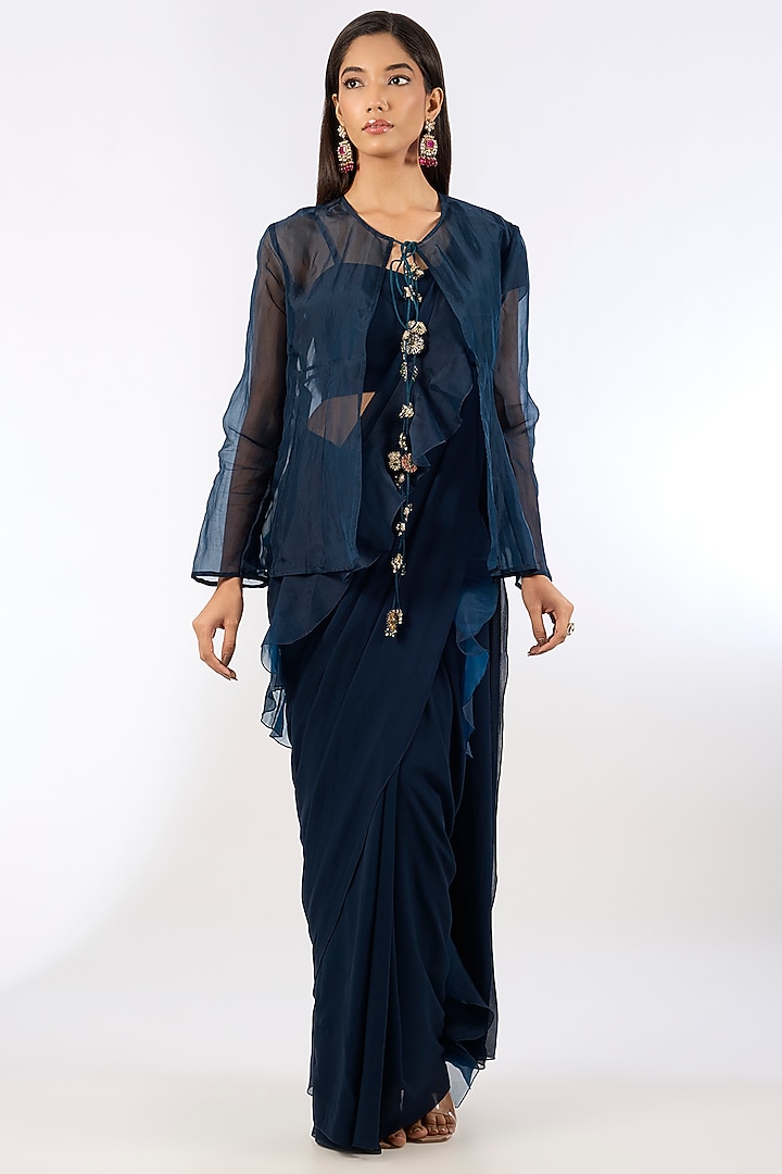 Navy Blue Georgette Floral Embroidered Jacket Ruffled Wedding Saree Set by Ridhi Mehra at Pernia's Pop Up Shop