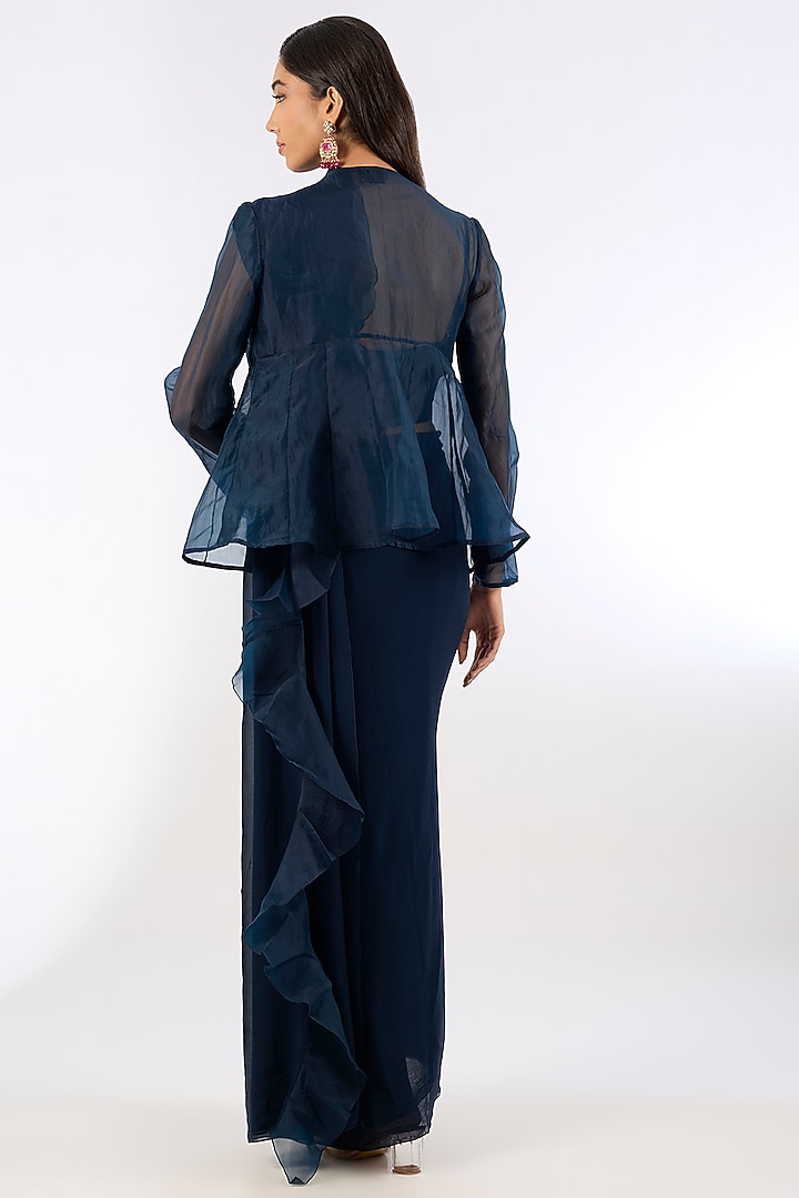 Navy Blue Georgette Floral Embroidered Jacket Ruffled Wedding Saree Set by Ridhi Mehra at Pernia's Pop Up Shop