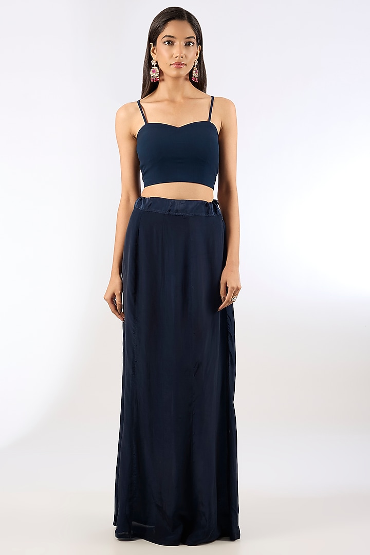 Navy Blue Georgette Floral Embroidered Jacket Ruffled Wedding Saree Set by Ridhi Mehra at Pernia's Pop Up Shop
