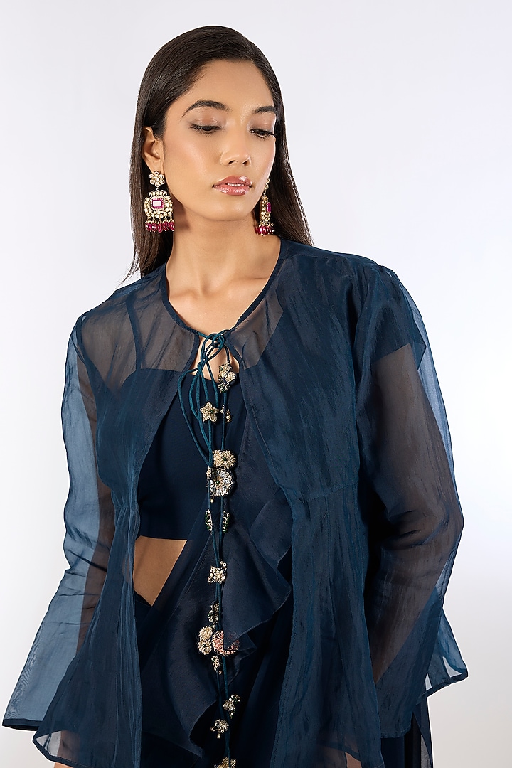 Navy Blue Georgette Floral Embroidered Jacket Ruffled Wedding Saree Set by Ridhi Mehra at Pernia's Pop Up Shop