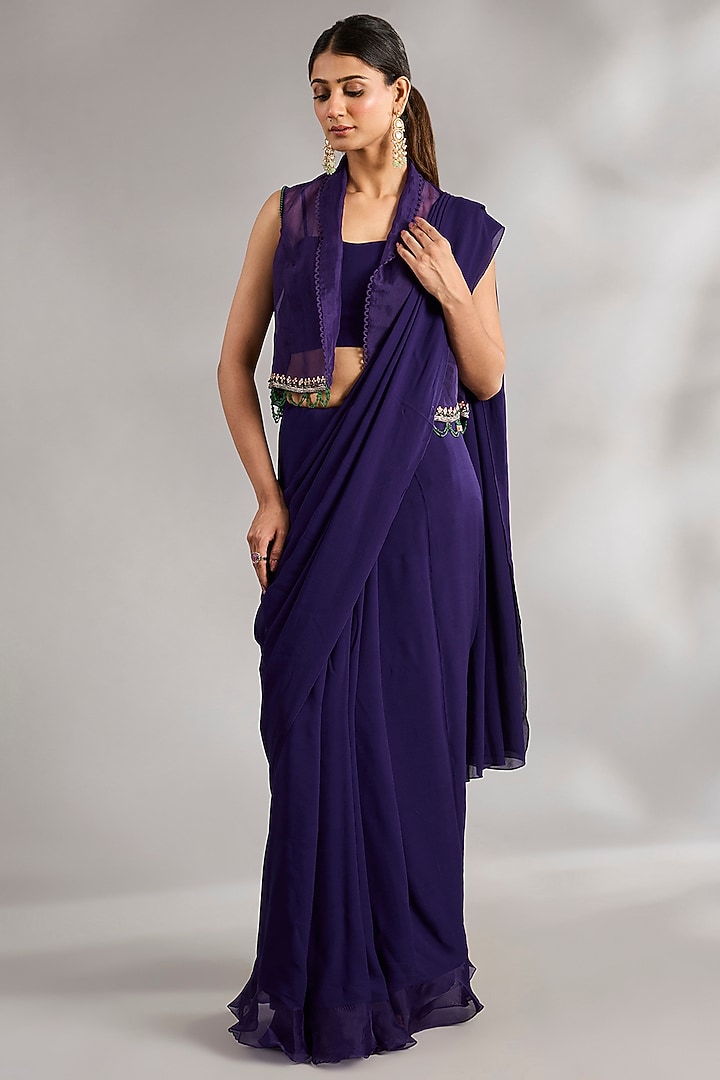 Purple Georgette Embroidered Ruffled Wedding Saree Set by Ridhi Mehra at Pernia's Pop Up Shop