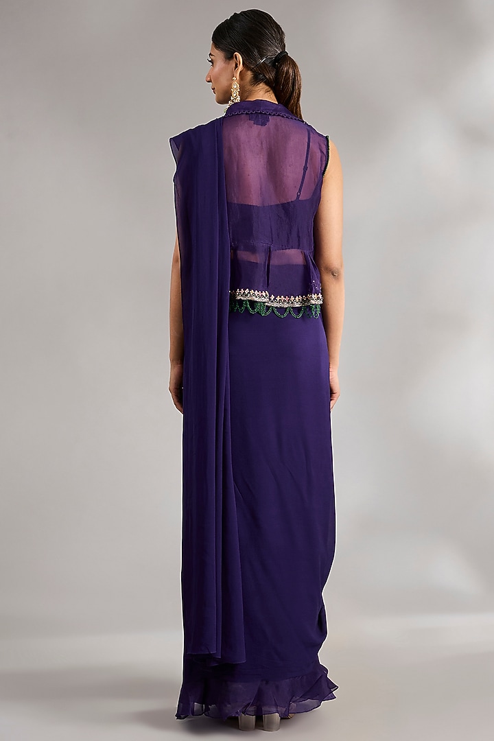 Purple Georgette Embroidered Ruffled Wedding Saree Set by Ridhi Mehra at Pernia's Pop Up Shop