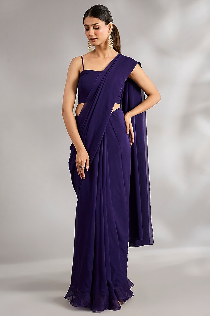 Purple Georgette Embroidered Ruffled Wedding Saree Set by Ridhi Mehra at Pernia's Pop Up Shop