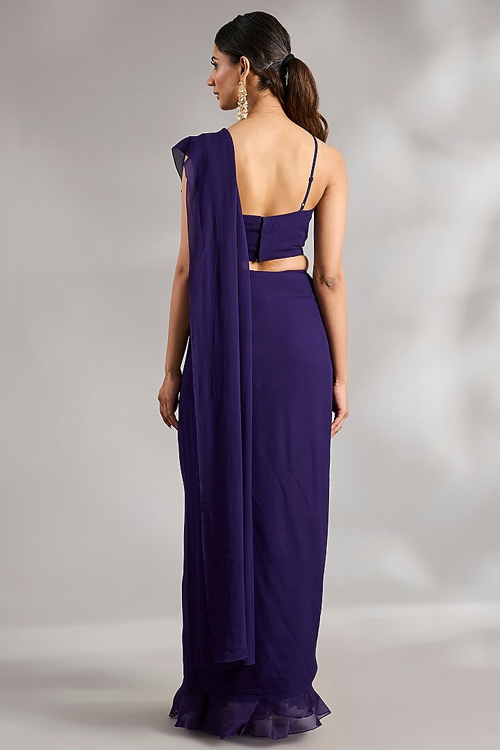 Purple Georgette Embroidered Ruffled Wedding Saree Set by Ridhi Mehra at Pernia's Pop Up Shop