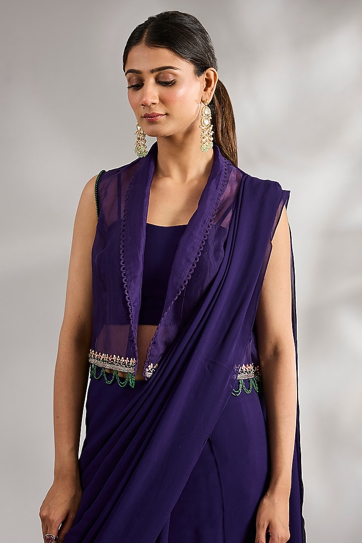 Purple Georgette Embroidered Ruffled Wedding Saree Set by Ridhi Mehra at Pernia's Pop Up Shop