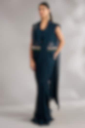 Navy Georgette Embroidered Jacket Ruffled Wedding Saree Set by Ridhi Mehra at Pernia's Pop Up Shop